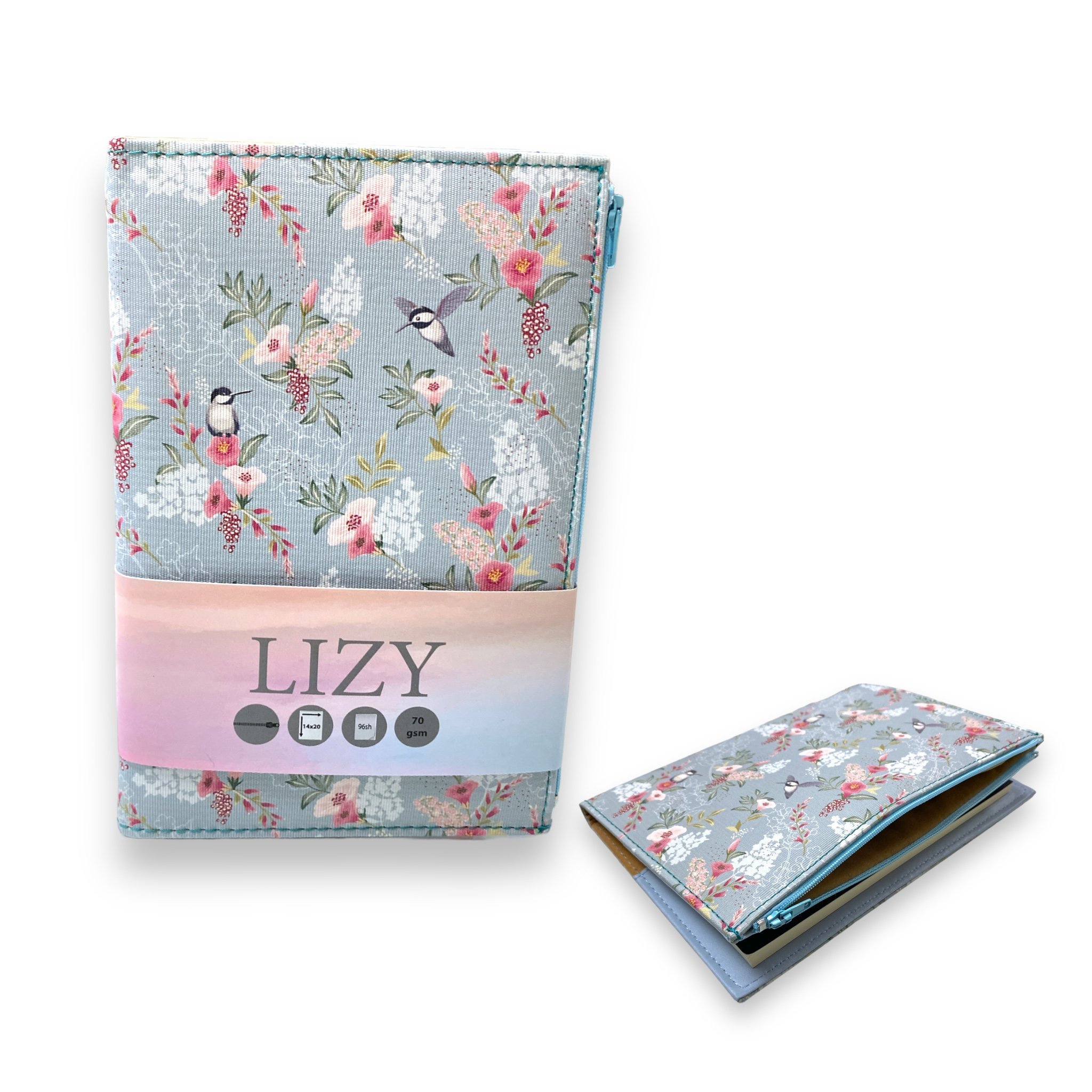 Lizy Collection Sert Kapak ucello (çiçekler ve kuşlar) Fermuarlı Defter 14*20 96 Ypr. Çizg