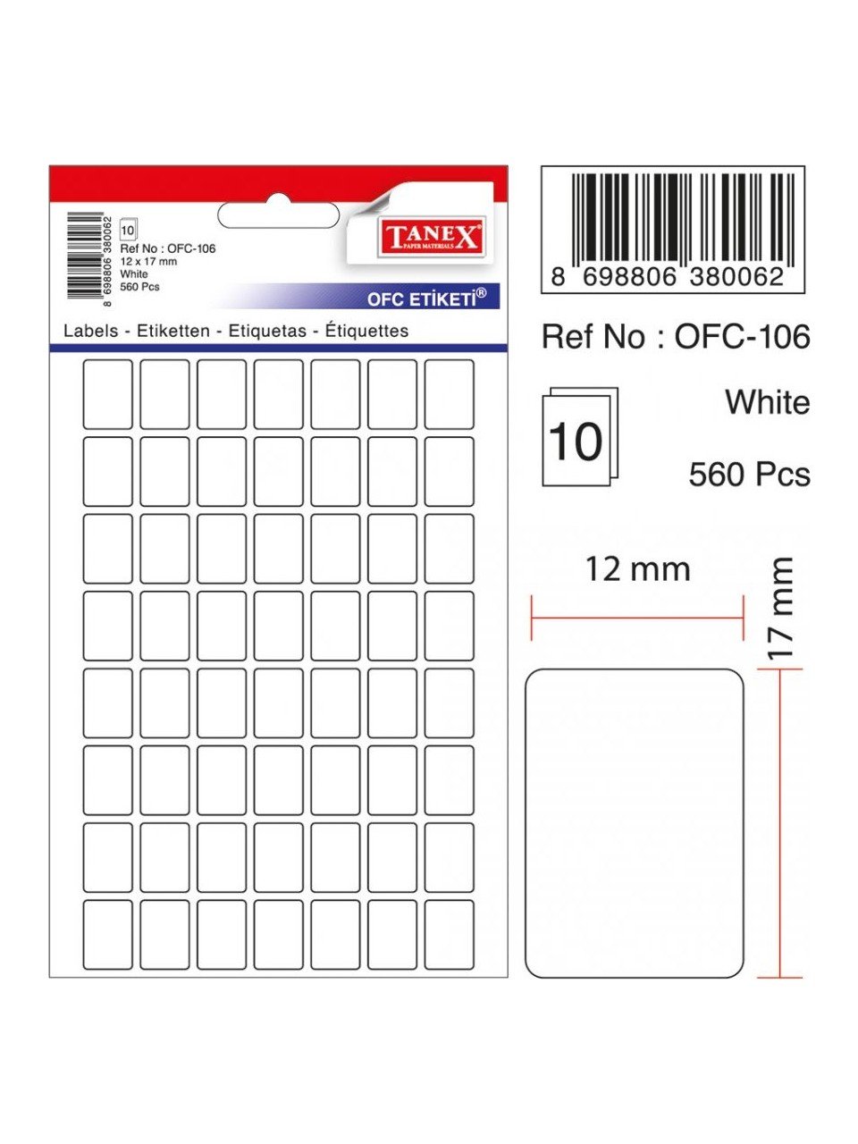Tanex Etiket Ofc-106-12 X 17 Mm 560 Adet - Beyaz