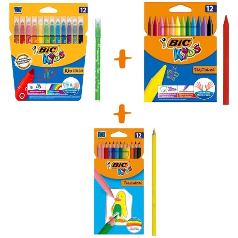 Bic Boyama Seti Kuru Boya 12'li + Keçeli Boya 12'li + Mum Pastel Boya 12'li