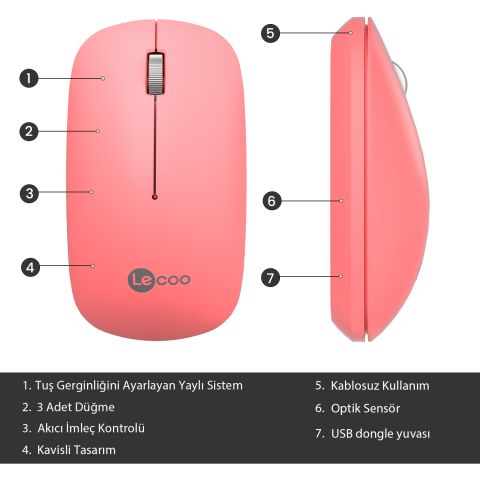 Lenovo Lecoo WS214 1200 DPI 4 Tuşlu Kablosuz Sessiz Mouse - Pembe