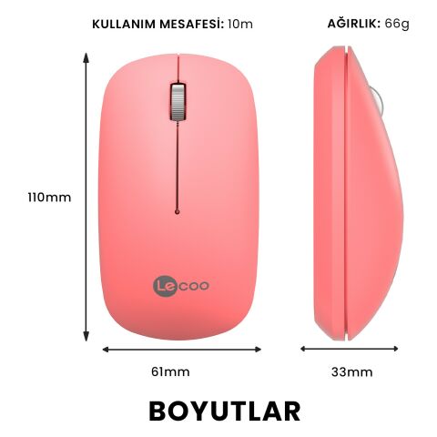 Lenovo Lecoo WS214 1200 DPI 4 Tuşlu Kablosuz Sessiz Mouse - Pembe