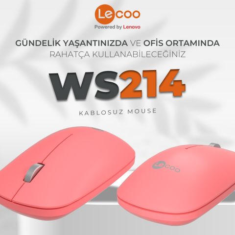 Lenovo Lecoo WS214 1200 DPI 4 Tuşlu Kablosuz Sessiz Mouse - Pembe