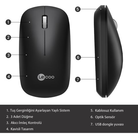Lenovo Lecoo WS214 1200 DPI 4 Tuşlu Kablosuz Sessiz Mouse - Siyah