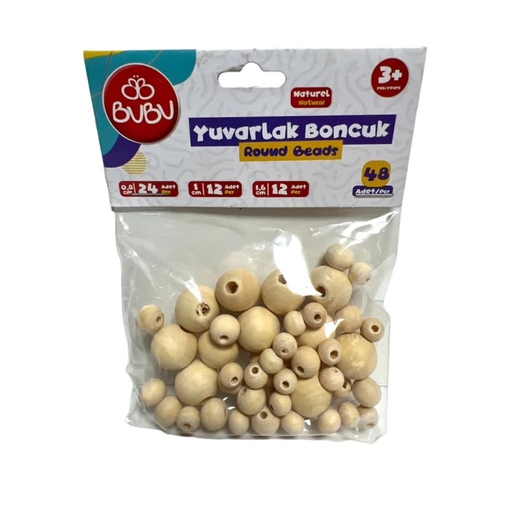 BU-BU 0.8cm-1cm-1.6cm- Ahşap Naturel Renk Yuvarlak Boncuk Karışık Poşetli 48li