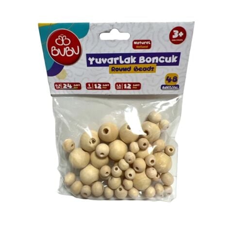 BU-BU 0.8cm-1cm-1.6cm- Ahşap Naturel Renk Yuvarlak Boncuk Karışık Poşetli 48li