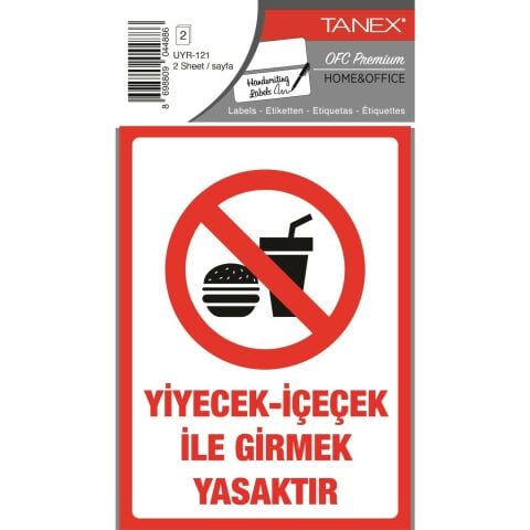 Tanex UYR-121 Yiyecek-İçecek İle Girmek Yasaktır Uyarı Etiketi 10 Cm X 15 Cm - 2 Adet